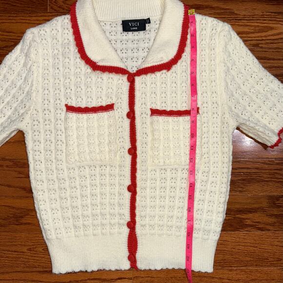 VICI Quiet Luxe Knit Cream Contrast Trim Cardigan Sweater Size Large - Picture 14 of 14
